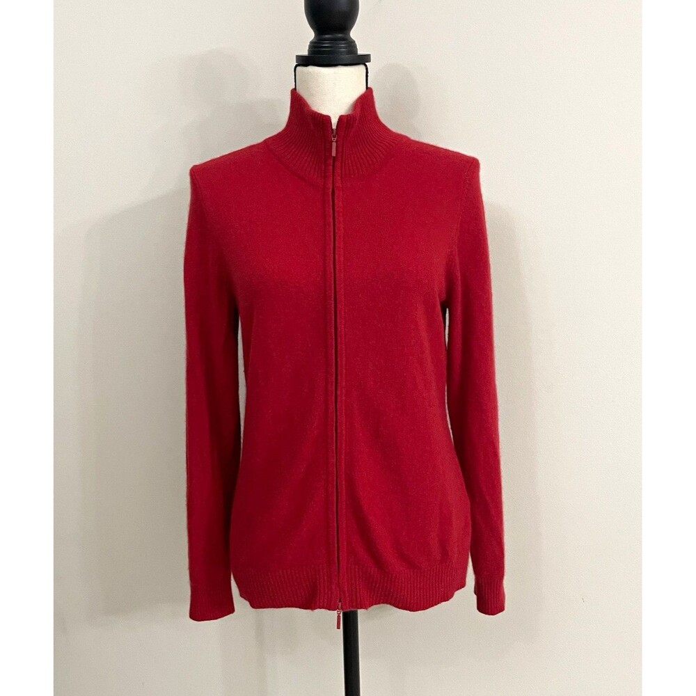 L.L.Bean Red 100% Cashmere Knit Full Zip Mock Neck Cardigan Sweater M Petite